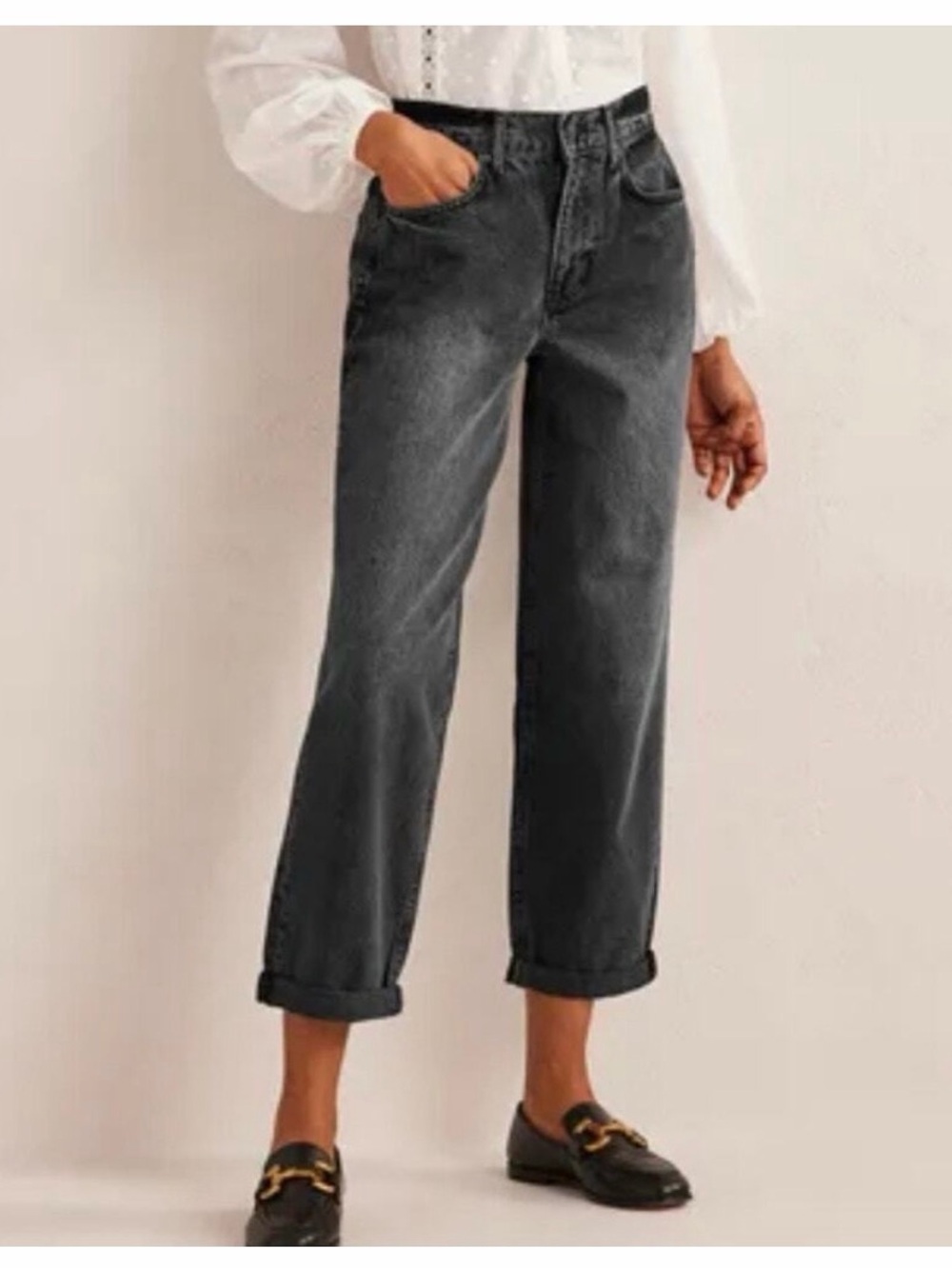 Boden Boyfriend Crop Jeans W30 L28 Washed Black High Rise Relaxed Straight Leg